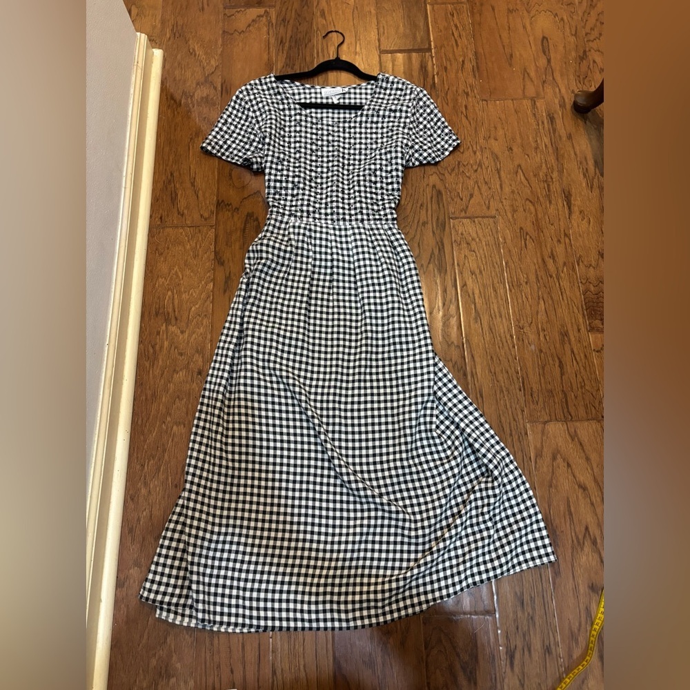 Vintage Avenue K Black White Gingham Cottagecore Midi Dress M